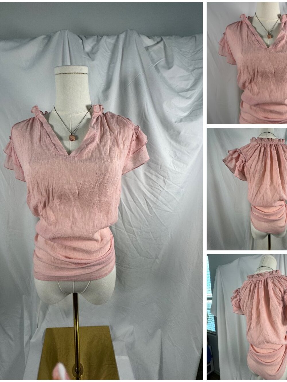 Blush Pink Ruffle Sleeve Blouse  V-Neck